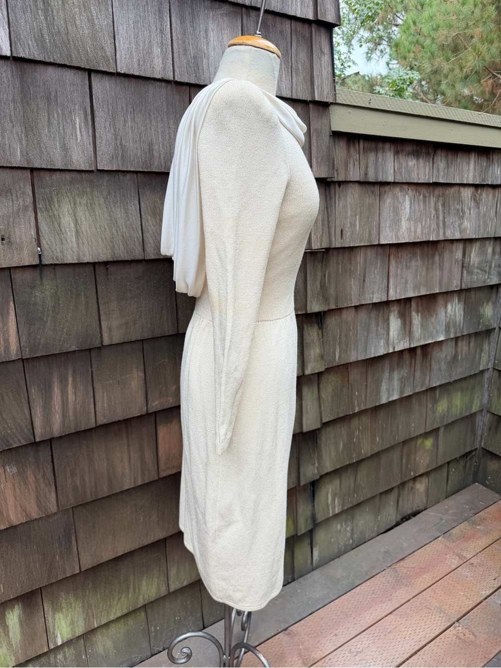 Vintage St. John Santana knit ivory dress backless scoop with scarf draped Sz S - Picture 4 of 11